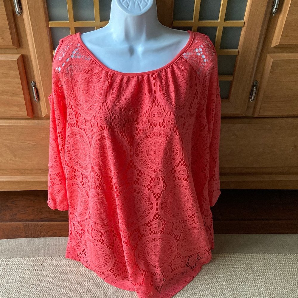 Worthington Coral Lace Cold Shoulder Blouse  1X New With Tag